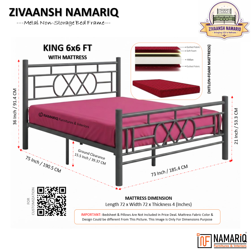 zivaansh-namariq-wrought-iron-metal-bed-without-inbuilt-storage-box-space-saving-bedroom-cot-bed-with-architectural-circle-grid-head-footboard-with-without-mattress-king-queen-single-sizes-powder-coated-grey-color