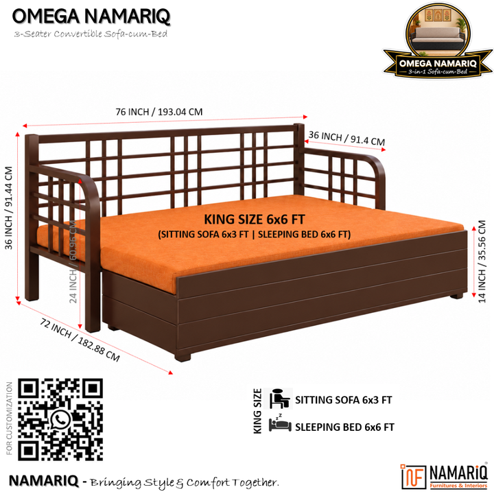 OMEGA NAMARIQ: 3-Seater Metal Convertible SOFA-CUM-BED | Hydraulic Storage Box | Space Saving Livingroom Home Furniture | Easy Assembly | Mattress Cushions Included | BROWN Frame with ORANGE Fabric