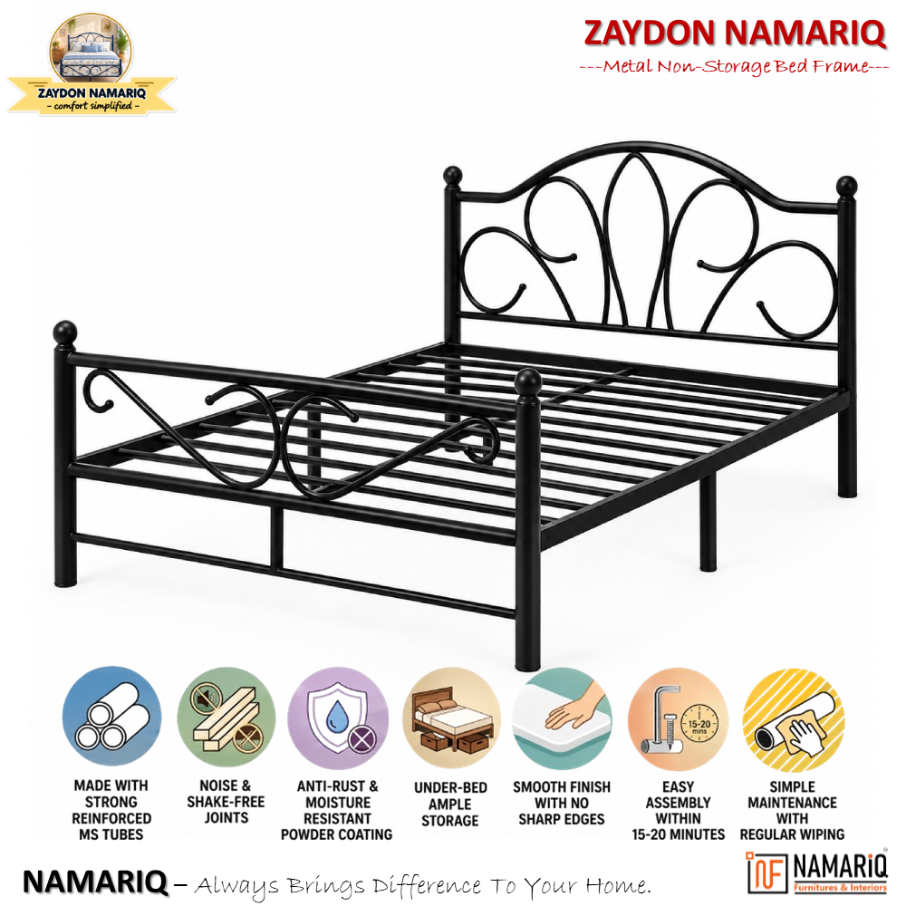 zaydon-namariq-solid-wrought-iron-metal-bed-cot-without-inbuilt-storage-box-space-saving-bedroom-furniture-artistic-head-footboard-with-without-mattress-king-queen-single-twin-sizes-powder-coated-black-color