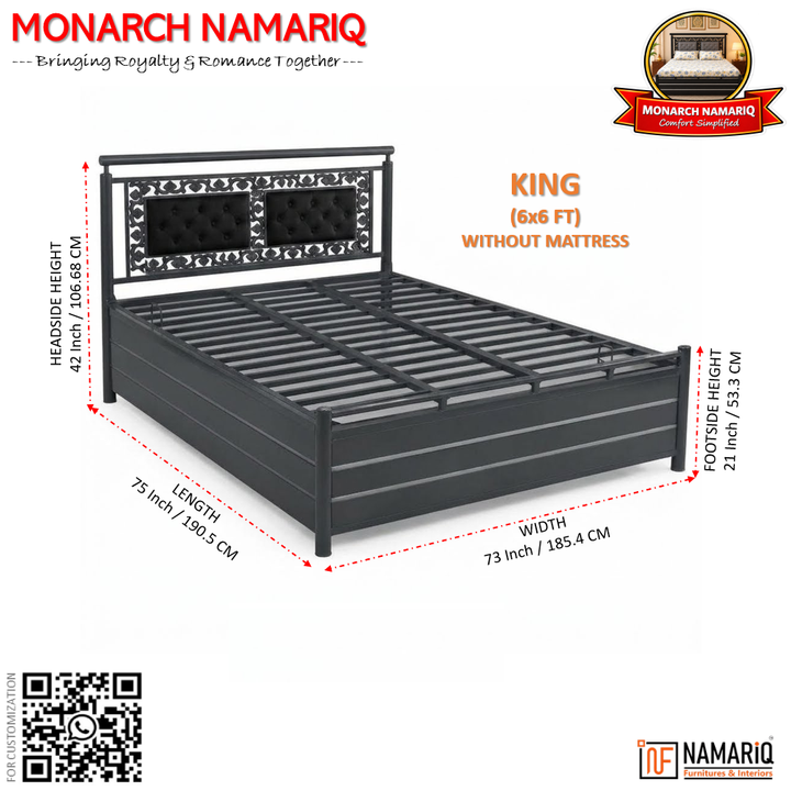 MONARCH NAMARIQ: Heavy Duty Hydraulic Storage Metal Bed Frame | Dual Button-Tufted Cushion Headboard with Carved Ornamental Border| Bedroom Furniture | Easy Assembly | | KING, QUEEN, SINGLE, SUPER-KING & SUPER-QUEEN Sizes | GREY-BLACK Color