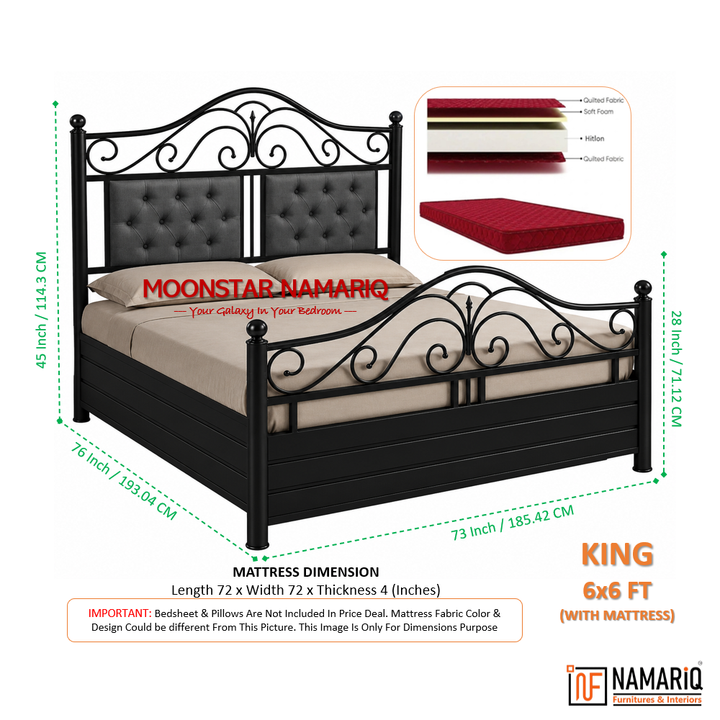 MOONSTAR NAMARIQ: Heavy Duty Metal Bed Frame | Hydraulic Box Storage | Designer Headboard Twin Cushions | Designer Footboard | King, Queen, Super-King, Super-Queen Sizes | Water Resistant & Anti-Rust Powder Coated | IVORY Color+2