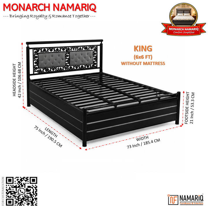MONARCH NAMARIQ: Heavy Duty Hydraulic Storage Metal Bed Frame | Dual Button-Tufted Cushion Headboard with Carved Ornamental Border| Bedroom Furniture | Easy Assembly | | KING, QUEEN, SINGLE, SUPER-KING & SUPER-QUEEN Sizes | BLAC-GREY Color