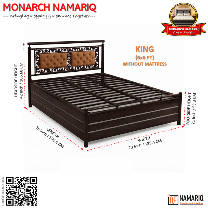 MONARCH NAMARIQ: Heavy Duty Hydraulic Storage Metal Bed Frame | Dual Button-Tufted Cushion Headboard with Carved Ornamental Border| Bedroom Furniture | Easy Assembly | | KING, QUEEN, SINGLE, SUPER-KING & SUPER-QUEEN Sizes | BROWN-BROWN Color