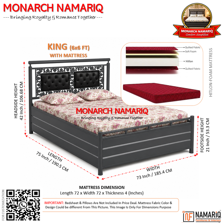 MONARCH NAMARIQ: Heavy Duty Hydraulic Storage Metal Bed Frame | Dual Button-Tufted Cushion Headboard with Carved Ornamental Border| Bedroom Furniture | Easy Assembly | | KING, QUEEN, SINGLE, SUPER-KING & SUPER-QUEEN Sizes | GREY-BLACK Color+2