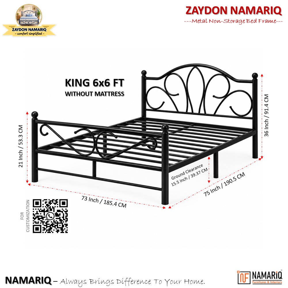 zaydon-namariq-solid-wrought-iron-metal-bed-cot-without-inbuilt-storage-box-space-saving-bedroom-furniture-artistic-head-footboard-with-without-mattress-king-queen-single-twin-sizes-powder-coated-black-color