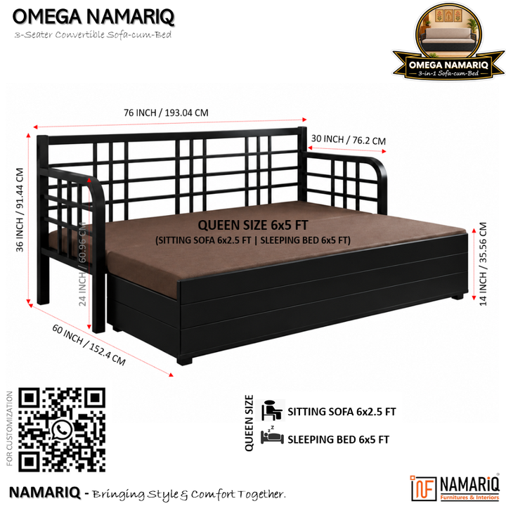 OMEGA NAMARIQ: 3-Seater Metal Convertible SOFA-CUM-BED | Hydraulic Storage Box | Space Saving Livingroom Home Furniture | Easy Assembly | Mattress Cushions Included | BLACK Frame with BROWN Fabric+2