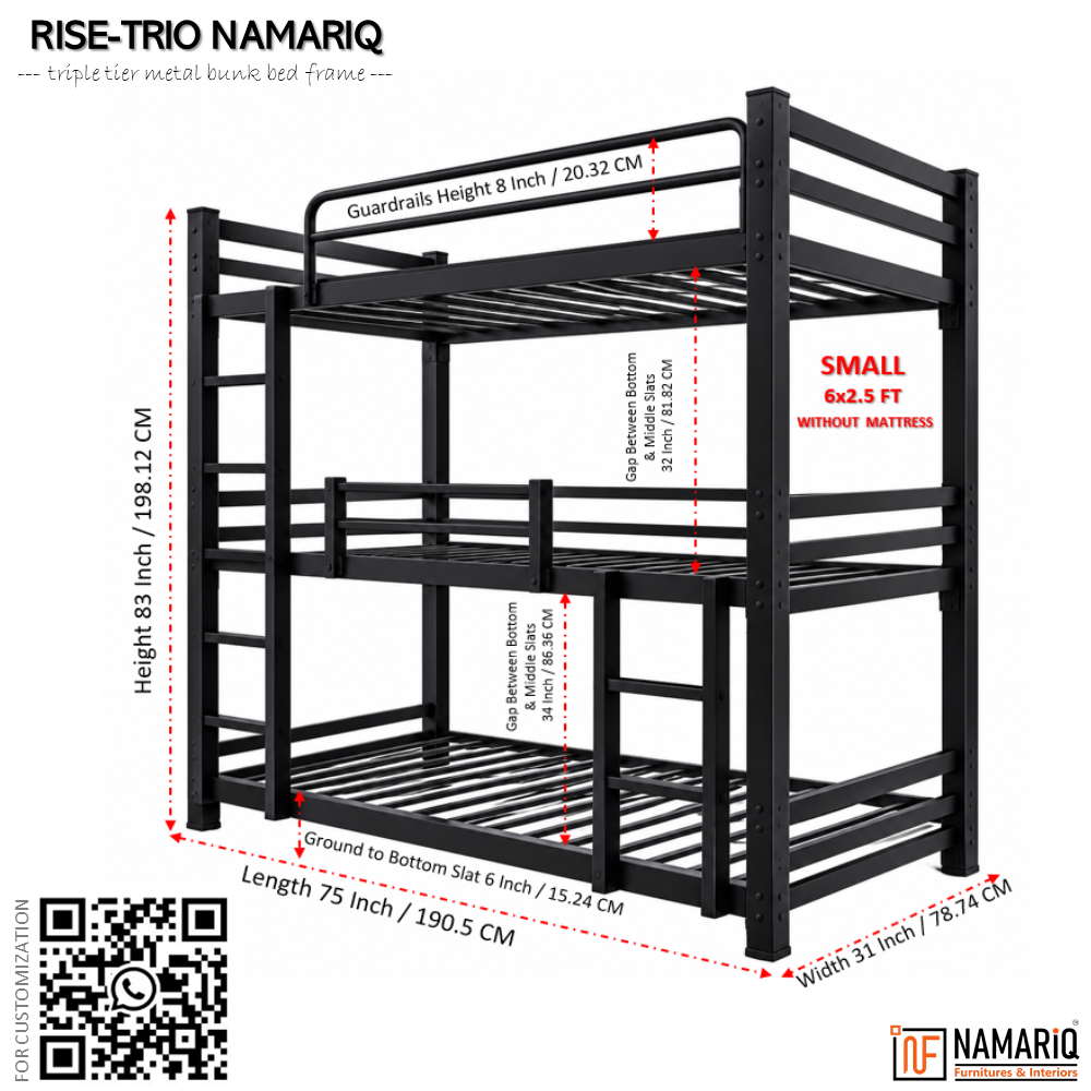 rise-trio-namariq-heavy-duty-triple-bunk-bed-frame-with-ladder-safety-guardrails-3-tier-space-saving-heavy-duty-kids-adults-guests-room-with-or-without-mattress-powder-coated-black-color
