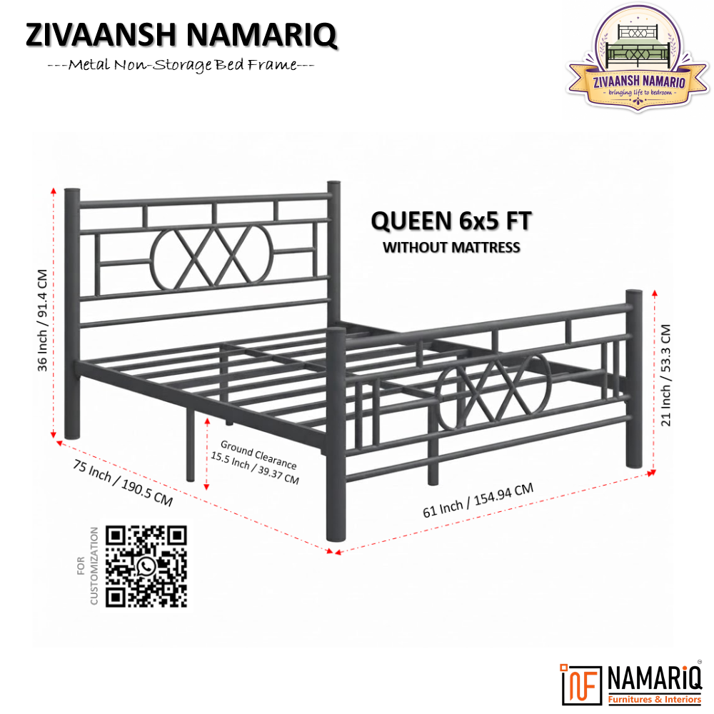 zivaansh-namariq-wrought-iron-metal-bed-without-inbuilt-storage-box-space-saving-bedroom-cot-bed-with-architectural-circle-grid-head-footboard-with-without-mattress-king-queen-single-sizes-powder-coated-grey-color