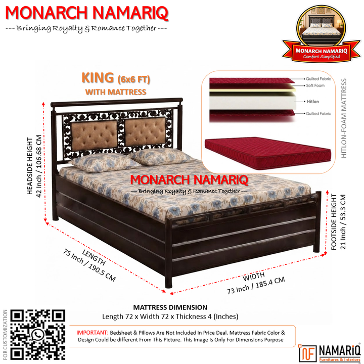 MONARCH NAMARIQ: Heavy Duty Hydraulic Storage Metal Bed Frame | Dual Button-Tufted Cushion Headboard with Carved Ornamental Border| Bedroom Furniture | Easy Assembly | | KING, QUEEN, SINGLE, SUPER-KING & SUPER-QUEEN Sizes | BROWN-BROWN Color+2