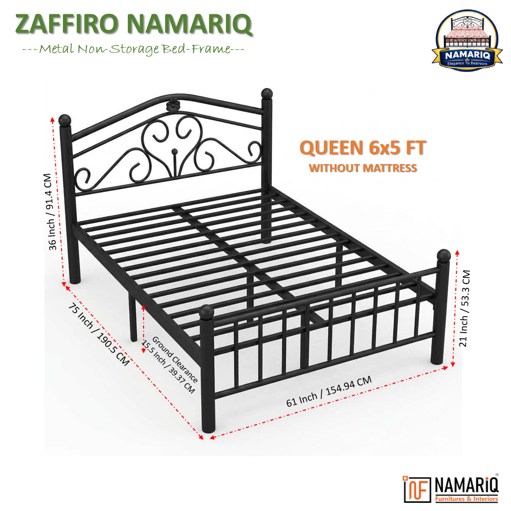 zaffiro-namariq-wrought-iron-modern-metal-bed-cot-without-inbuilt-storage-box-space-saving-bedroom-furniture-artistic-head-footboard-with-without-mattress-king-queen-single-sizes-powder-coated-black-color