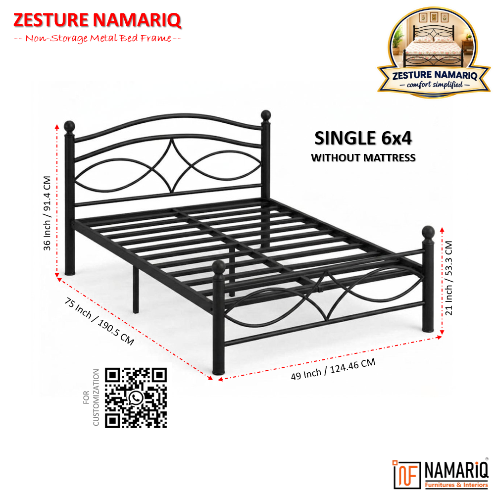 zesture-namariq-solid-wrought-iron-metal-bed-cot-without-inbuilt-storage-box-space-saving-bedroom-furniture-artistic-head-footboard-with-without-mattress-king-queen-single-sizes-powder-coated-black-color