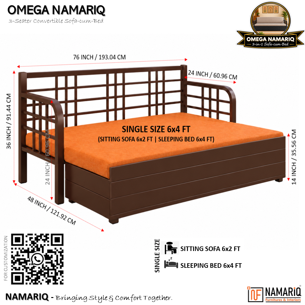 omega-namariq-3-seater-metal-convertible-sofa-cum-bed-hydraulic-storage-box-space-saving-livingroom-home-furniture-easy-assembly-mattress-cushions-included-brown-frame-with-orange-fabric