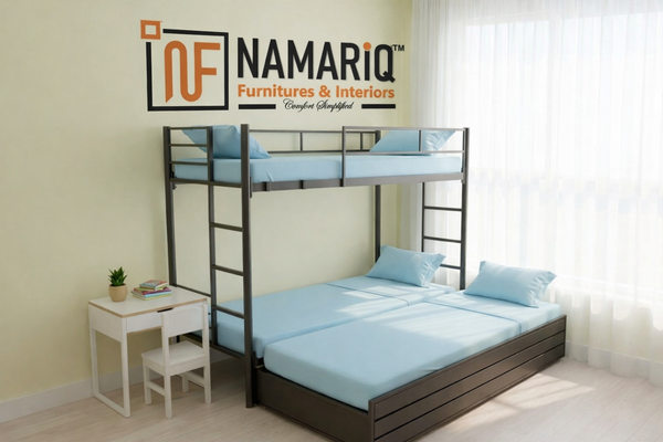 Wrought Iron Bunk Bed with Storage Box for Adults Metal Frame (Powder Coated, Black)