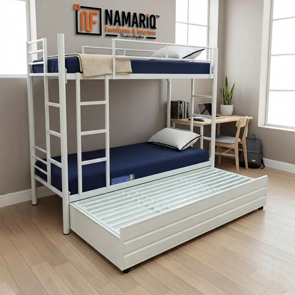 Wrought Iron Bunk Bed with Storage Box for Adults Metal Frame (Powder Coated, Ivory)