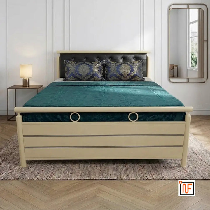MAGNIFIQUE NAMARIQ: Stylish Metal Bed – With Hydraulic Box Storage – Water Resistant & Anti-Rust Powder Coated Finish - IVORY+2