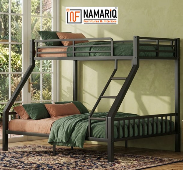 KUTUMB NAMARIQ: Twin-over-Full, Heavy Duty Metal Bunk Bed, Space Saving Designed for family with Parents and a Kid – Without Storage Box, Without Mattresses – Matte BLACK Powder Coated Finish.