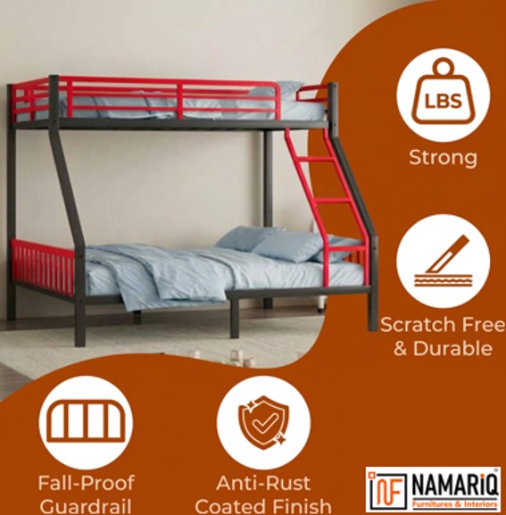 kutumb-namariq-twin-over-full-heavy-duty-metal-bunk-bed-space-saving-designed-for-family-with-parents-and-a-kid-without-storage-box-without-mattresses-black-red-powder-coated-finish