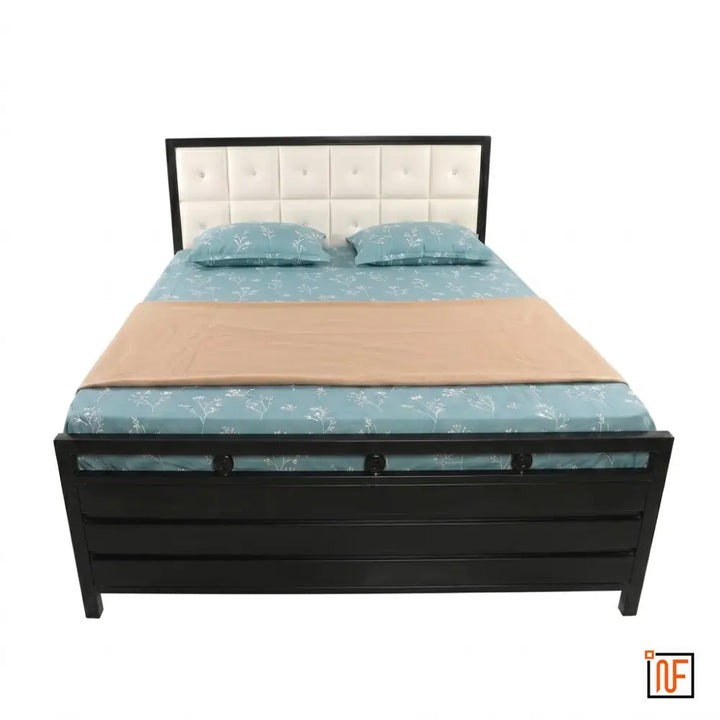 MAJESTIC NAMARIQ: Stylish Metal Bed – With Hydraulic Box Storage & Headboard Cushion – Water Resistant & Anti-Rust Powder Coated Finish - BLACK+2