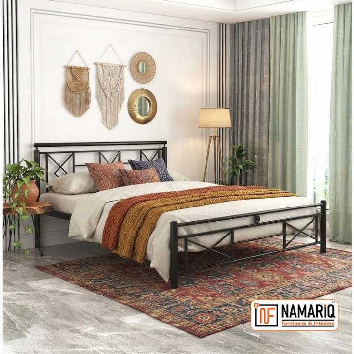 ZUREX NAMARIQ: Stylish Sleek Wrought Iron Metal Bed for Bedroom - Without Inbuilt Storage – Water Resistant & Anti-Rust Powder Coated Finish - BLACK