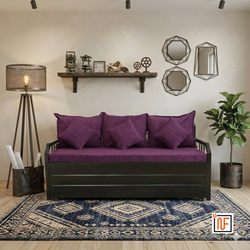 OMEGA NAMARIQ: Minimalist Design Wrought Metal Sofa-cum-Bed – Convertible Sofa-cum-Bed - With Hydraulic Box Storage – for Bedroom / Living Room - Water Resistant & Anti-Rust Powder Coated Finish - BLACK-PURPLE Combination