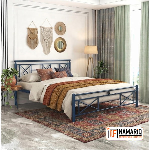 ZUREX NAMARIQ: Stylish Sleek Wrought Iron Metal Bed for Bedroom - Without Inbuilt Storage – Water Resistant & Anti-Rust Powder Coated Finish - BLUE