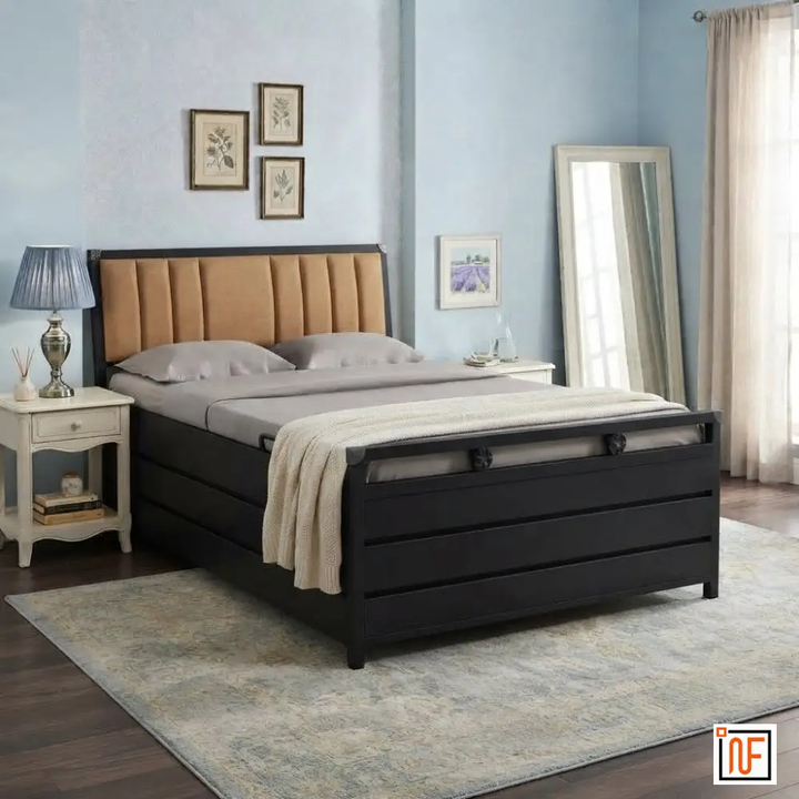 MARQUIS NAMARIQ: Premium Metal Bed – With Hydraulic Box Storage & Headboard Cushion – Water Resistant & Anti-Rust Powder Coated Finish - BLACK