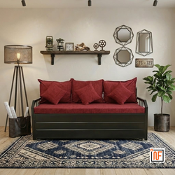 OMEGA NAMARIQ: Minimalist Design Wrought Metal Sofa-cum-Bed – Convertible Sofa-cum-Bed - With Hydraulic Box Storage – for Bedroom / Living Room - Water Resistant & Anti-Rust Powder Coated Finish - BLACK-RED Combination