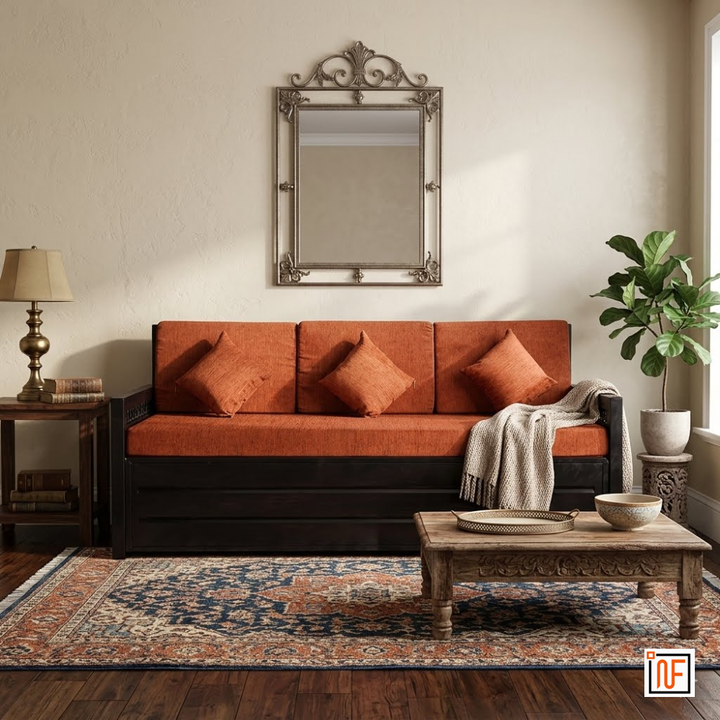 ORBIT NAMARIQ: Carbin Frame Metal Sofa-cum-Bed – Convertible Sofa-cum-Bed - With Hydraulic Box Storage – for Bedroom / Living Room - Water Resistant & Anti-Rust Powder Coated Finish - BLACK-ORANGE Combination