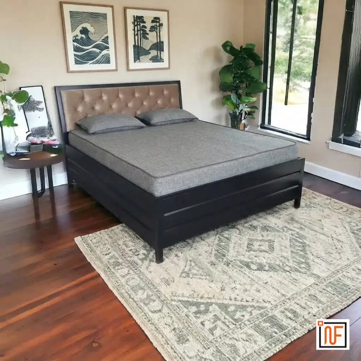 MIRABILIS NAMARIQ: Sanctuary Wrought Iron Metal Bed – With Hydraulic Box Storage & Headboard Cushion – Water Resistant & Anti-Rust Powder Coated Finish - BLACK