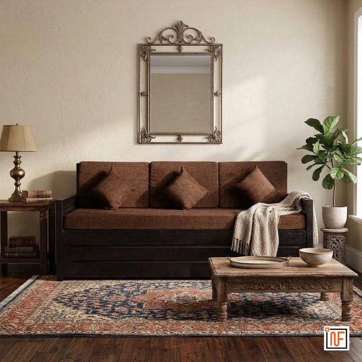 ORBIT NAMARIQ: Carbin Frame Metal Sofa-cum-Bed – Convertible Sofa-cum-Bed - With Hydraulic Box Storage – for Bedroom / Living Room - Water Resistant & Anti-Rust Powder Coated Finish - BLACK-BROWN Combination