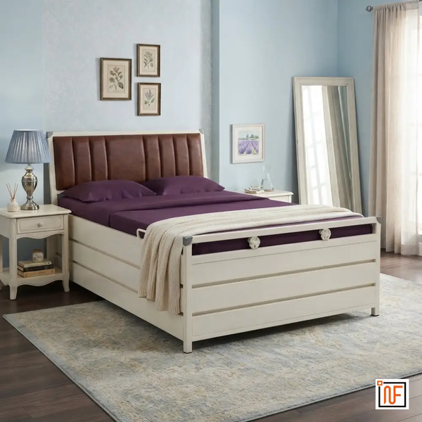 MARQUIS NAMARIQ: Premium Metal Bed – With Hydraulic Box Storage & Headboard Cushion – Water Resistant & Anti-Rust Powder Coated Finish - IVORY