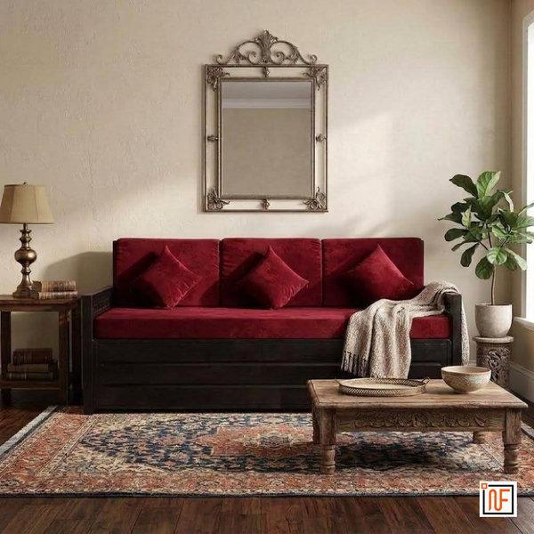 ORBIT NAMARIQ: Carbin Frame Metal Sofa-cum-Bed – Convertible Sofa-cum-Bed - With Hydraulic Box Storage – for Bedroom / Living Room - Water Resistant & Anti-Rust Powder Coated Finish - BLACK-RED Combination