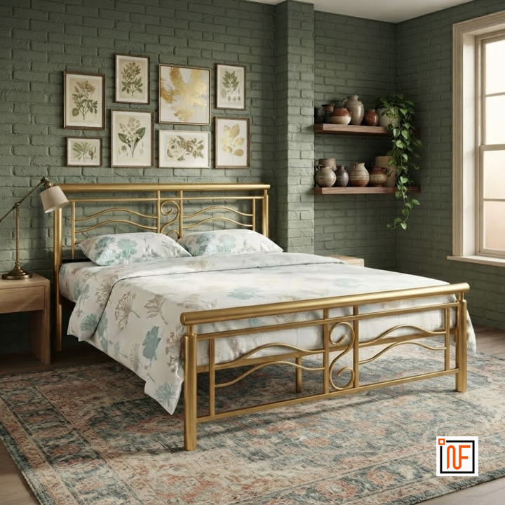 ZEPHYR NAMARIQ: Modern Sleek Wavey Wrought Iron Metal Bed, Cot for Bedroom - Without Inbuilt Storage – Water Resistant & Anti-Rust Powder Coated Finish - GOLDEN