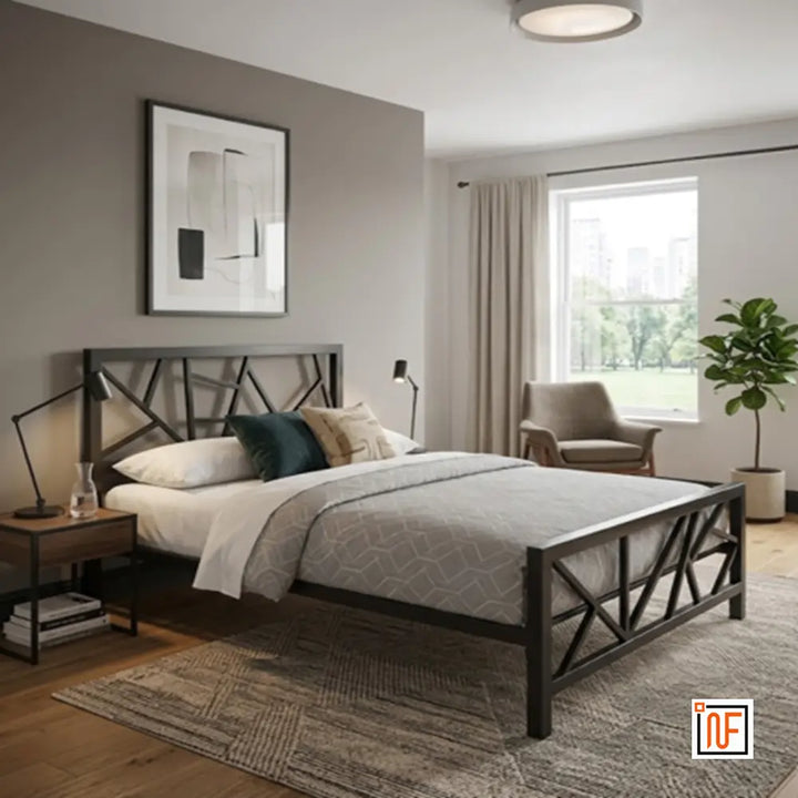 EXECUTIVE NAMARIQ: Modern Geometric X-Pattern Solid Metal Bed - Without Inbuilt Storage – Water Resistant & Anti-Rust Powder Coated Finish - Black+2