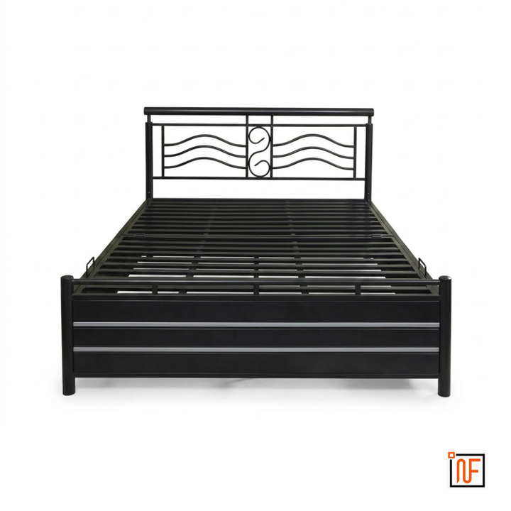 MATRIX NAMARIQ: Wavey Designed Wrought Iron Metal Bed – With Hydraulic Box Storage – Water Resistant & Anti-Rust Powder Coated Finish - BLACK+2