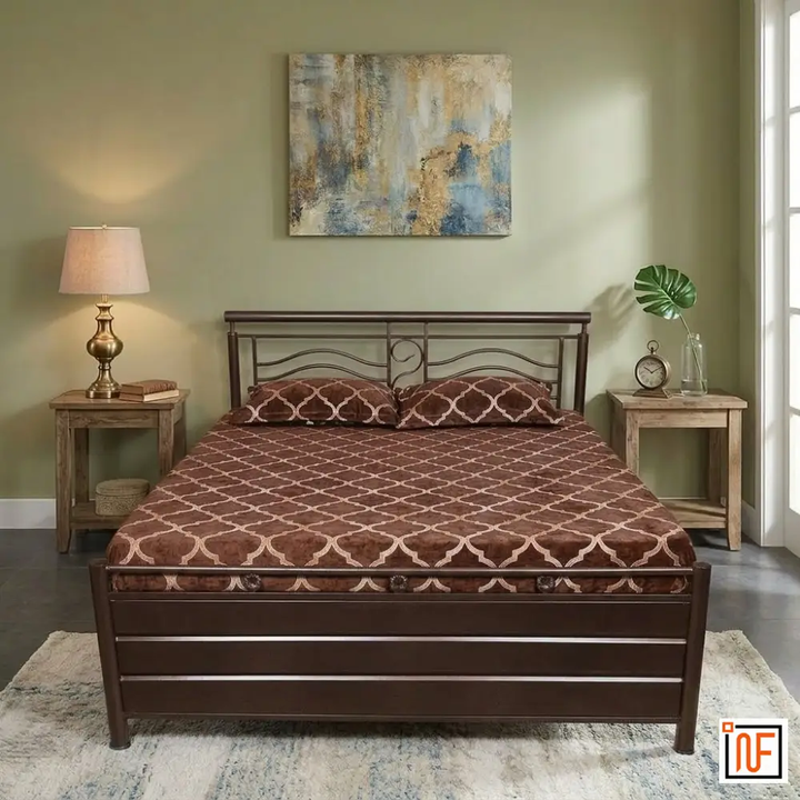 MATRIX NAMARIQ: Wavey Designed Wrought Iron Metal Bed – With Hydraulic Box Storage – Water Resistant & Anti-Rust Powder Coated Finish - BROWN