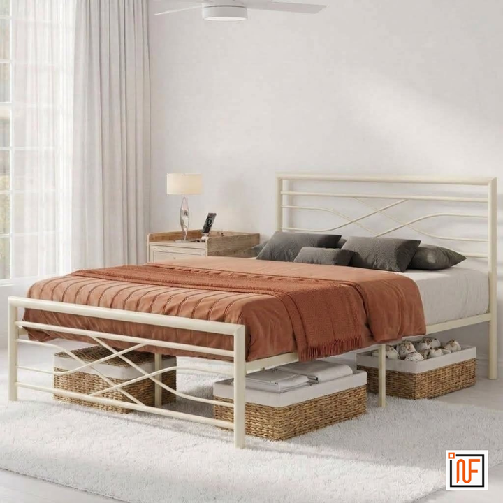 ZAYUSH NAMARIQ: Stylish Sleek Wrought Iron Metal Bed for Bedroom - Without Inbuilt Storage – Water Resistant & Anti-Rust Powder Coated Finish - IVORY+2