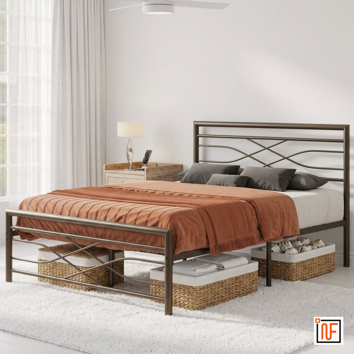 ZAYUSH NAMARIQ: Stylish Sleek Wrought Iron Metal Bed for Bedroom - Without Inbuilt Storage – Water Resistant & Anti-Rust Powder Coated Finish - BROWN+2