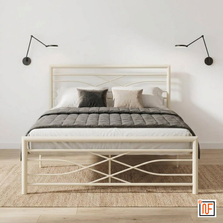 ZAYUSH NAMARIQ: Stylish Sleek Wrought Iron Metal Bed for Bedroom - Without Inbuilt Storage – Water Resistant & Anti-Rust Powder Coated Finish - IVORY