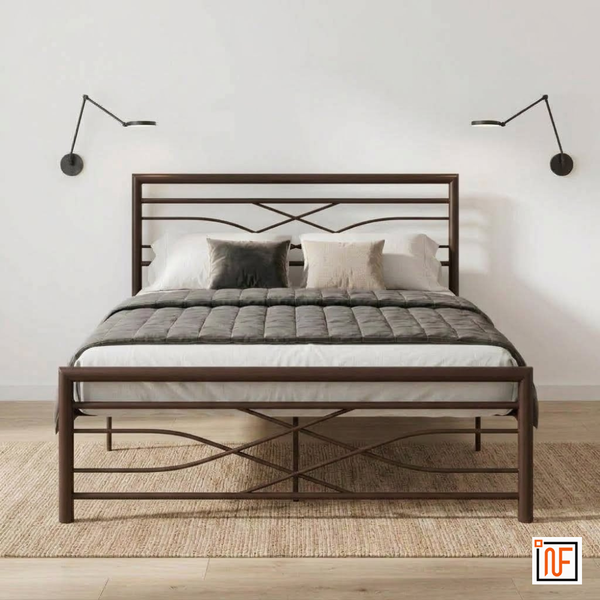 ZAYUSH NAMARIQ: Stylish Sleek Wrought Iron Metal Bed for Bedroom - Without Inbuilt Storage – Water Resistant & Anti-Rust Powder Coated Finish - BROWN