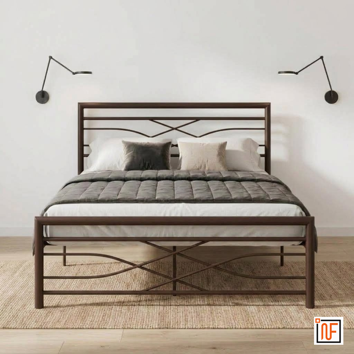 ZAYUSH NAMARIQ: Stylish Sleek Wrought Iron Metal Bed for Bedroom - Without Inbuilt Storage – Water Resistant & Anti-Rust Powder Coated Finish - BROWN