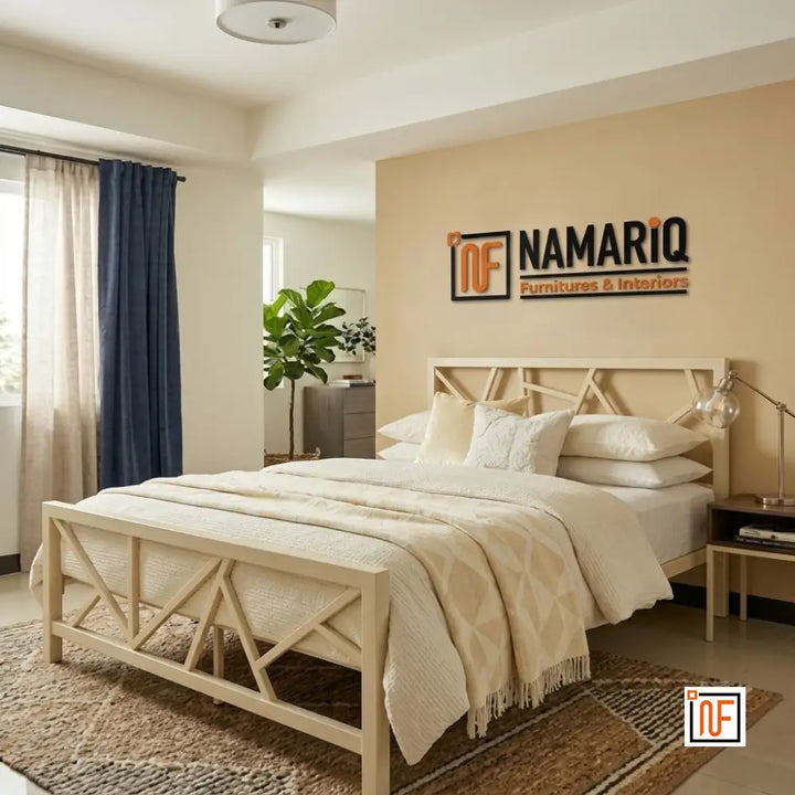 EXECUTIVE NAMARIQ: Modern Geometric X-Pattern Solid Metal Bed - Without Inbuilt Storage – Water Resistant & Anti-Rust Powder Coated Finish - IVORY