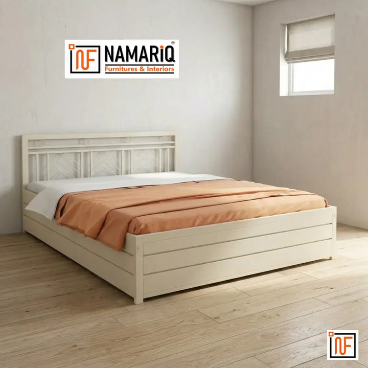 MAITRA NAMARIQ: Modern Metal Bed – With Hydraulic Box Storage – Water Resistant & Anti-Rust Powder Coated Finish - IVORY
