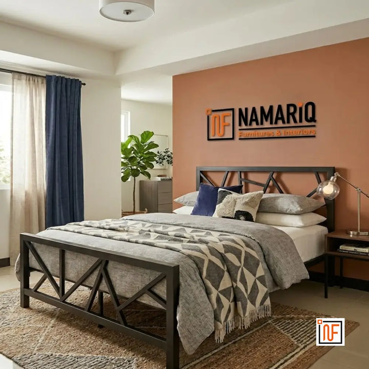 EXECUTIVE NAMARIQ: Modern Geometric X-Pattern Solid Metal Bed - Without Inbuilt Storage – Water Resistant & Anti-Rust Powder Coated Finish - Black