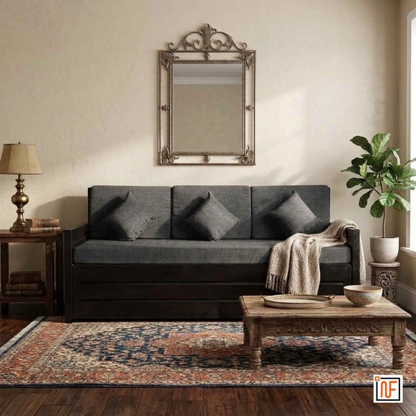 ORBIT NAMARIQ: Carbin Frame Metal Sofa-cum-Bed – Convertible Sofa-cum-Bed - With Hydraulic Box Storage – for Bedroom / Living Room - Water Resistant & Anti-Rust Powder Coated Finish - BLACK-GREY Combination
