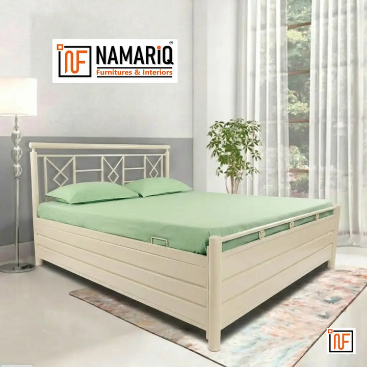 MIRUS NAMARIQ: Modern Minimalist Designed Wrought Iron Metal Bed – With Hydraulic Box Storage – Water Resistant & Anti-Rust Powder Coated Finish - IVORY