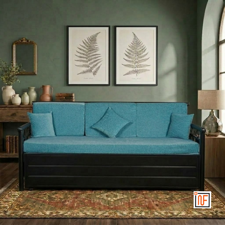 OASIS NAMARIQ: Elegant Metal Sofa-cum-Bed – With Hydraulic Box Storage – for Bedroom / Living Room - Water Resistant & Anti-Rust Powder Coated Finish - BLACK-AQUA Combination