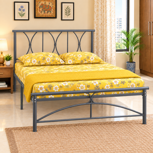 ZENO NAMARIQ: Solid Wrought Iron Metal Bed Cot| Without Inbuilt Storage Box | Space Saving Bedroom Furniture | Architectural Arched Head-Footboard | With & Without Mattress | KING QUEEN SINGLE Sizes | Powder Coated GREY Color