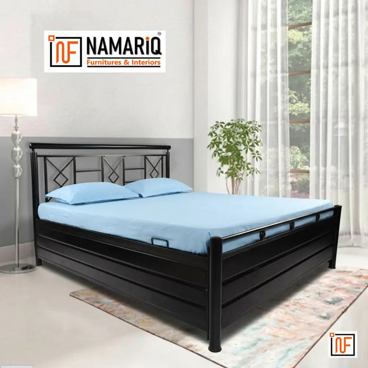 MIRUS NAMARIQ: Modern Minimalist Designed Wrought Iron Metal Bed – With Hydraulic Box Storage – Water Resistant & Anti-Rust Powder Coated Finish - BLACK