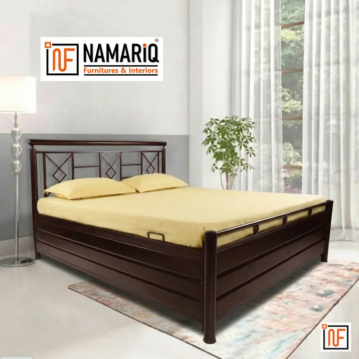 MIRUS NAMARIQ: Modern Minimalist Designed Wrought Iron Metal Bed – With Hydraulic Box Storage – Water Resistant & Anti-Rust Powder Coated Finish - BROWN